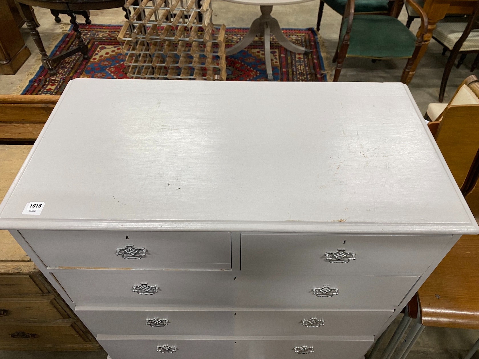 An Edwardian, later grey painted, pine chest, width 107cm height 107cm